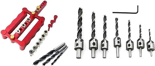 Drill Bit Set,Cobalt Drill Bit Set， 7Pcs Countersink Drill Bits Set Screw Woodworking Chamfer Tool Carpenter Reamer Core Drill 3-10mm & 1Set Doweling Jig Kit 6/8/10mm Drill Guide Wood Dowel Puncher Lo