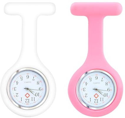 Cncedi Nurse Watch, 2PCS Nurses Fob Watch Brooch with Pin for Women, Silicone Health Care Pocket Watches for Nurses Doctors Paramedic, Infection Control Design, Pink and White
