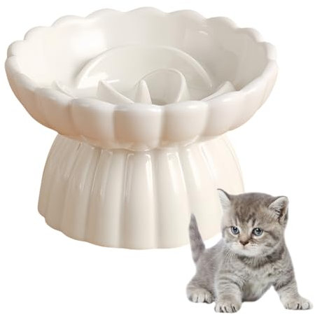 Nchdewui Gamelle en Céramique pour Chats, Gamelle Anti Glouton Chat, Gamelle Surélevée pour Chat, Bol Chat Sureleve Incline Anti Vomissement, Bol pour Chaton Manger Lentement (White)