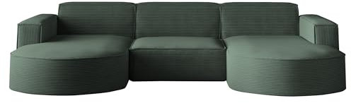 Kaiser Möbel - Ecksofa mit Wohnlandschaft, Eckcouch U Form XXL, Bigsofa, Sofa 3-sitzer, Bequemes Couch mit Ottomane für Wohnzimmer, Relaxsofa, Cord Stoff, Lounge-Set U-Form, Modena Studio, Grün