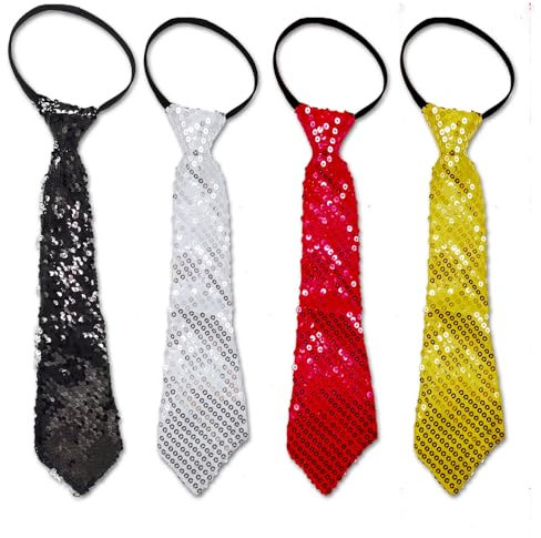 EUPSIIU 4 Pièces Cravate à Paillettes, Noir Argent Cravate avec Élastique, Accessoires à Paillettes pour Homme Femmes, Costume à Paillettes pour Carnaval Fête à thème Danse Disco Banquet (4PCS)