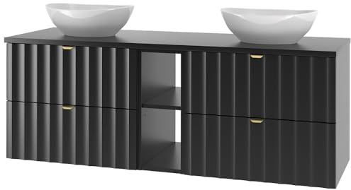 Lomadox Waschbeckenunterschrank 140 cm breit inkl. Waschbecken Waschtischunterschrank Waschtisch Doppelwaschtisch modern in schwarz