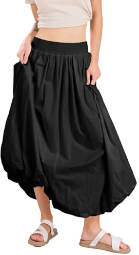 chouyatou Women's Summer Y2k Bubble Maxi Long Skirt Puffy Ruffle High Waist A-Line Smocked Skirt (Medium, Black)
