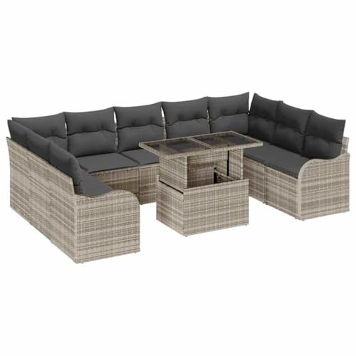 vidaXL Gartensofa-Set mit Kissen 10 pcs Hellgrau Poly Rattan, Garten und Terrasse, modernes Modulsystem, bequemes Lounge-Mobiliar, wetterfeste Rattan-Sitzgruppe