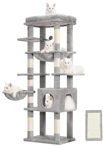 Hey-brother kratzbaum, mehrstöckiger Stabil Katzenbaum Mit groß liegefläche, gemütlicher hängematte und Katzenkorb, Höhe 145 cm, Hellgrau EMPJ057W