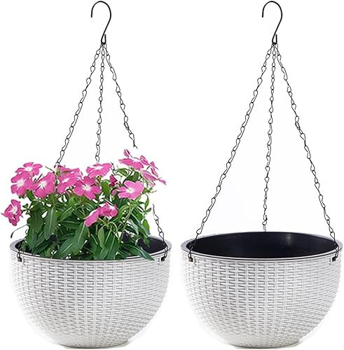 Youning Blumenampel Hängend Außen und Innen Kunststoff Hängetopf für Pflanzen 2 Stück Blumentopf Hängend Hängeampel mit Kette Selbstbewässerung Hängepflanztöpfe für Blume Decken Balkone Garten (Weiß)