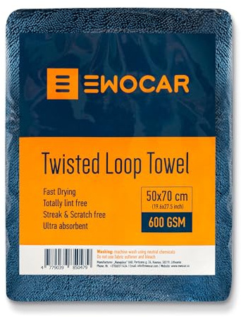 Ewocar Paño de secado de microfibra para coche, 50 x 70 cm, 600 g/m², muy absorbente, no deja pelusas, para el cuidado profesional del vehículo