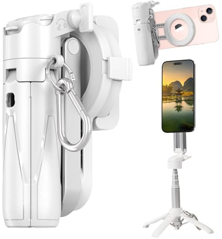 mumisuto Magnétique Perche à Selfie Bluetooth, 3 en 1 Mini Trépied Extensible, Support Magsafe iphone 12/13/14/15 Pro Max Mini, 360°Rotation, Pied Pliable à 3 Axes, Aimant Puissant (Blanc)