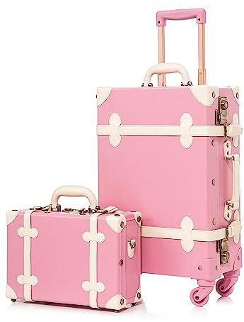 Unitravel Vintage Koffer Set 2 Teilig, Retro PU-Leder Handgepäck Koffer mit Kosmetikkoffer, Hell Rosa, S+M