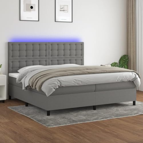 Mokuyary resårsäng med madrass och LED, mörkgrå, 200 x 200 cm, tyg, sängram, säng med ribbotten, plattform, sängram, enkel montering för sovrum, gästrum – K