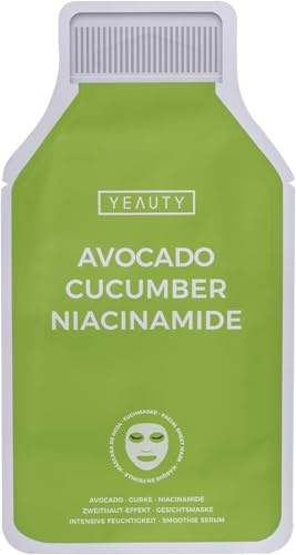 YEAUTY SMOOTHIE Tuchmaske Avocado, Cucumber & Niacinamide – Feuchtigkeitsspendende Gesichtsmaske für intensive Pflege, strahlende Haut – 100% biologisch abbaubar – 5er Pack