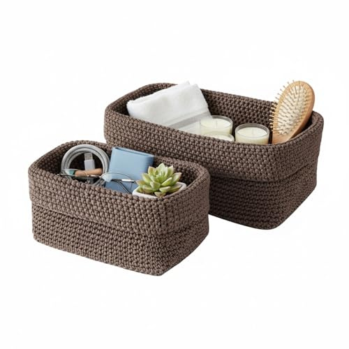 2Pcs Häkelkorb Baumwollseil Aufbewahrungskorb, Korb für Aufbewahrung Gästehandtücher, Regalkörbe für Badezimmer Schlafzimmer Küche Heimdekor, 21cm+29cm (Braun)