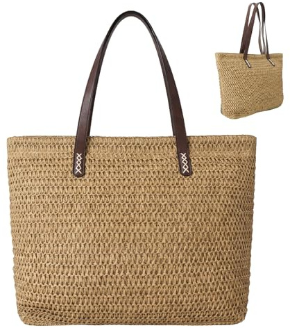 Nicole Brown Straw Beach Bag for Women – Large Woven Tote Bag with Zip Closure & Interior Pocket, Lightweight Summer Shoulder Bag for Beach, Holiday, Shopping & Travel – Natural/Tan