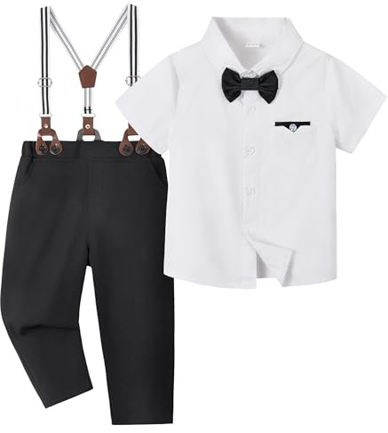 Volunboy Baby Boy Gentleman Suit, Formal Short Sleeve Romper with Suspender Pants, Bow Tie & Beret, Wedding Party Outfit