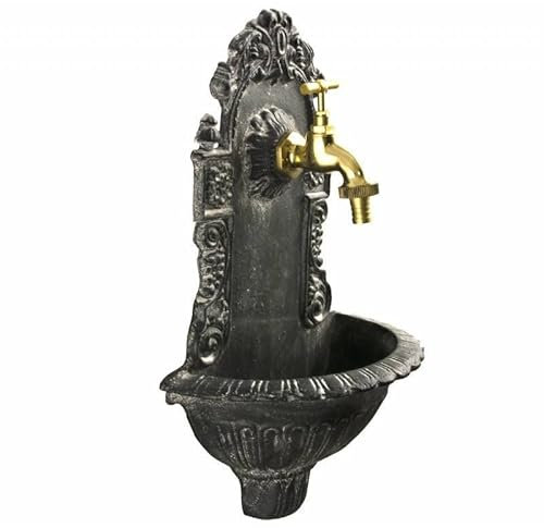 L'Héritier Du Temps Fontaine de Jardin de Charme Murale Source Fonte Patinée Grise avec Robinet Fonctionnel en Laiton 14x25x40cm