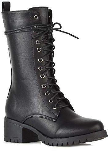 ESSEX GLAM Women's Lace Up Mid Calf Combat Boots - Black, UK 4/EU 37
