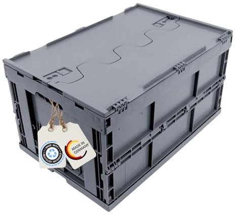 DieKlappbox - Klappbox faltbar stabil mit Deckel, stapelbare Klappkiste groß, Einkaufskiste 60L, Recycling-Kunststoff, Made in Germany, TÜV, 60x40x33 cm, Grau