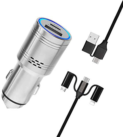 Rostfritt stål USB C billaddare med kolmonoxiddetektor, 7 st snabb USB-billaddare PD & QC 3.0 biladapter med dubbla portar (inkluderar 5-i-1 USB-kabel)