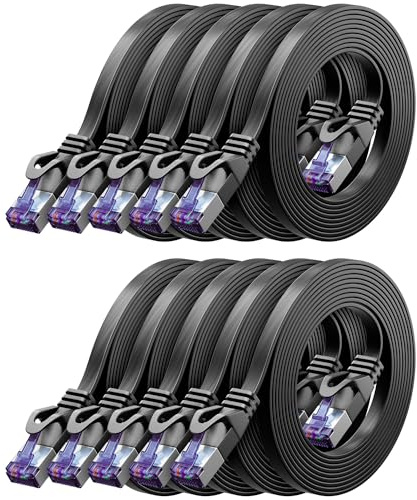 deleyCON 10x 2m Câble Réseau CAT7 plat (CAT 7 avec 10 Gbit/s) Gigabit LAN - RJ45 Ethernet Liaison Patch Longue Plate - pour Internet Switch Routeur Modem Panneau Patch - Noir