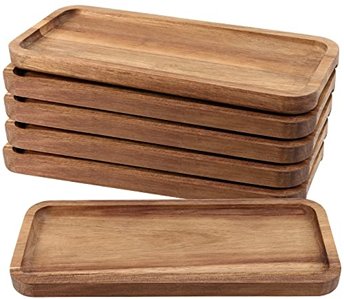 FUNSUEI 11.8 x 5.1 Inches Set of 6 Wooden Serving Platters, Acacia Wooden Serving Trays with Grooved Design, Rectangular Wood Platters for Fruit, Cookie, Bread, Vegetable, Salad