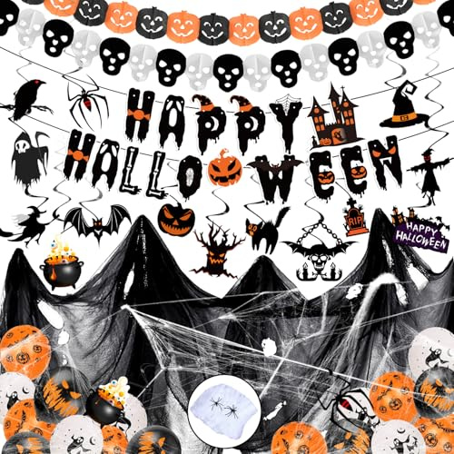 iZoeL Decoration Halloween Effrayante Enfant Adulte Guirlande Tissu Noir Ballon Citrouille Squelette Banderole Toile D'araignée Araignee - Deco Halloween Interieur Extérieure