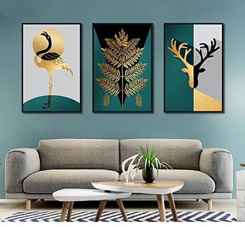 Leinwand-Wandkunst Moderne Geometrische Hirsch Flamingo Blattgold Leinwand Gemälde Druck Und Poster Wandkunst Bilder Für Wohnzimmer Wohnkultur 50x70cm