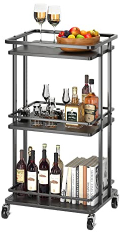 XYZLVSI 3-Tier Rolling Serving Bar Cart, Wood and Metal Kitchen Island Storage Cart with Wheels, Multifunction Utility Cart Storage Rack for Home, Kitchen, Bar, Dinning Room, Living Room (Black)