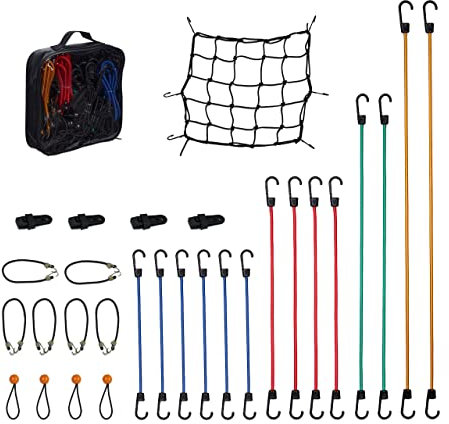 Relaxdays Spanngummi 30er Set, Gepäckspanner, Planenclips, Gepäcknetz, Tragetasche, Universal Expander, Mehrfarbig