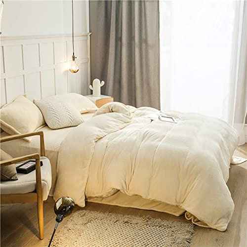 Omela Warm Fleece Winter Bettwäsche 220x240 Creme Weiß Cashmere Touch Plüsch Bettbezug mit Kopfkissenbezug 80x80 cm 3 Teilig Flauschig Coral Fleece Microfaser Winterbettwäsche Set Reißverschluss