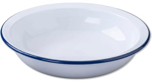 Premium Quality Traditional Enamel White & Blue Trim Rice, Pasta & Soup Bowls, Dinner & Pie Plates, Deep Dish Tableware (22cm)