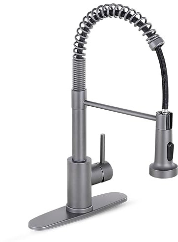 HGN Robinet de cuisine avec pulvérisateur extractible, robinets d'évier de cuisine à ressort à poignée unique pour ferme, camping-car, buanderie, camping-car, évier de bar humide, gris