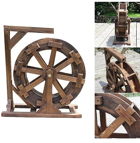 Fuente de madera con rueda de agua, soporte de cascada para jardín, patio, piscina, decoración de jardín, cascada de paisaje, circulación de piscina, madera de abeto, rocalla de jardín al aire libre y