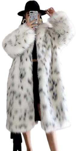 EsukAr Frauen Winter Faux Fuchs Pelzmantel, Dame Lässig Schnee Leopard Print Pelz Jacke, Dicke Warme Mitte Lange Plüsch Oberbekleidung,Leopard,XL