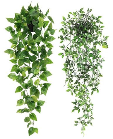 2 Stück künstliche hängende Pflanzen mit Pflanzer, hängende wartungsfrei, künstliche Pflanze Rebe für Home Garden Indoor Outdoor-Dekoration