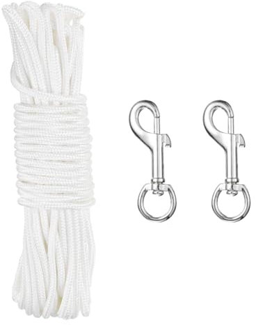 sourcing map 50Ft Flag Pole Rope Kit, Flag Pole Halyards Rope 1/4 Thick with 4 Pcs Nickel Plated Swivel Flagpoles Clips Hook(Silver), Nylon Flagpole Line Rope White