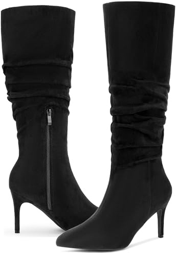 Allegra K Women's Denim Slouched Stiletto Heels Knee High Boots Black 5.5 UK/Label Size 7.5 US