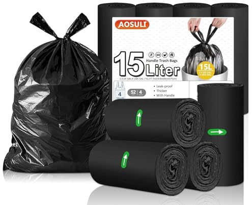 AOSULI Müllbeutel 15L Mit Tragegriff, Schwarz, 52 Stück | Reißfeste Müllsäcke, Auslaufsicher, Geruchsneutral, Ideal Für Schlafzimmer, Büro Und Toilette