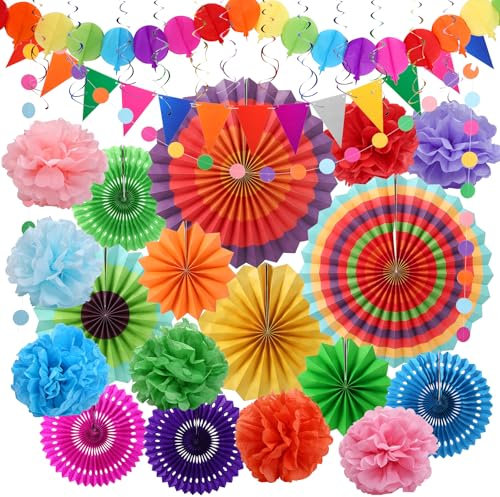 Naler Christmas Paper Decorations Colorful Mexican Themed Hanging Paper Fans, Rainbow Pom Poms, Fiesta Bunting and Tissue Streamers for Decorations Birthday, Christmas, Parties, 33PCS