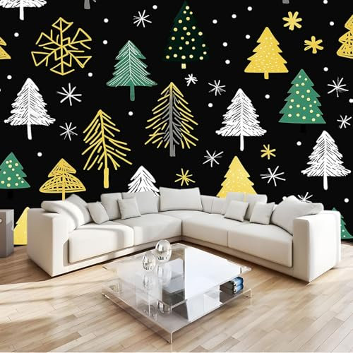 Fototapete Cartoon Weihnachtsbaum Schneeflocken Art Mauer VliesTapete 400x280 cm Wandtapete Wanddeko Wand Wohnzimmer Schlafzimmer Wohnung Wandbilder