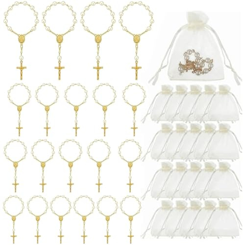 CZAYEFNH Bomboniere Comunione Piccolo e Piccola - Rosario Bracciale con Mini Perline Dorate, Set di 40 Regali di Battesimo con Sacchetti di Organza e Croce