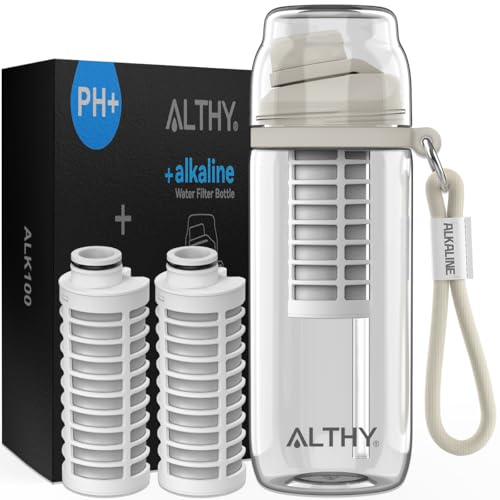 ALTHY - Botella Alcalina de Filtro de Agua | Hasta pH 9.5 | Minerales y electrolitos añadidos | Sistema de alcalinización y filtración | Sin BPA 500ml | 3 Filtro Incluido