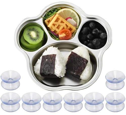 Guador Plato Bebé Con 8 pequeñas ventosas, Bandeja de Acero Inoxidable Garra de Gato Vajilla Infantil Plato Succión Dividido Destete del Bebé Utensilios Autoalimentación Alimentación para Bebés