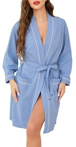 Vlazom Women Dressing Gown, Lightweight Waffle Robe Soft Cotton Bathrobes Mid-Length Robes with Pockets for All Seasons Spa Hotel Sleepwear Light Blue,M