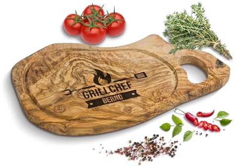 ROZTFYR Schneidebrett personalisiert, Olivenholz | Rustikales Olivenholzbrett mit Gravur als individuelles Geschenk | Grillbrett | Grill Geschenke für Männer | Personalisierte Geschenke Männer