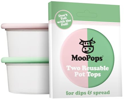 MOOPOPS Reusable Silicone Dip & Spread Tops - 2 Pack | Dishwasher & Fridge Safe | Airtight Lid Seal | Durable & Easy To Use | Designed To Fit Standard Pots for Dips & Spreads | BPA Free