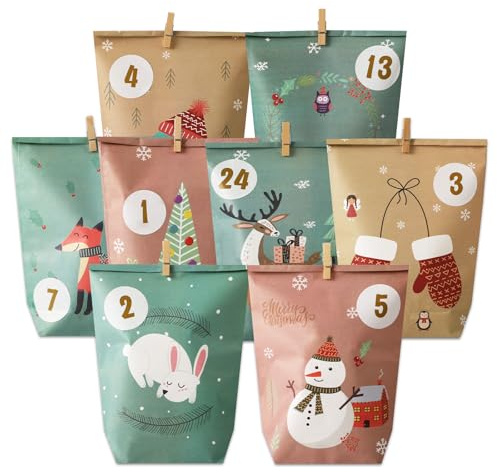 ONBAGLST Adventskalender zum Befüllen mit 24 Geschenktüten und 24 Nummernaufklebern sowie Holzklammern, Weihnachtskalender für Bastelarbeiten, Geschenke und Advent.