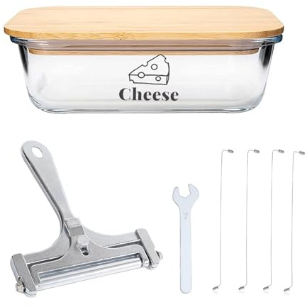 Gzsekken Cheese Storage for Fridge, Airtight Cheese Box with Bamboo Lids&Slicer,Glass Food Container,Fresh Saver Stackable Fridge Organisers Chunks Bacon Keeper Ham Dish