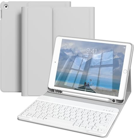 ZOPSGYU Custodia per tastiera per iPad di 9 generazione 10,2 pollici e 8° Gen & 7° Gen, materiale TPU con portapenne, layout QWERTZ, tastiera Bluetooth magnetica rimovibile, auto sonno/sveglia, grigio