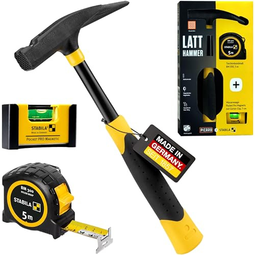 Picard Latthammer 620M + Stabila Maßband 5m BM300 & Mini Wasserwaage Pocket PRO | Profi-Set für präzises Arbeiten | Zimmermannshammer, Bandmaß & Wasserwaage klein | Werkzeug Set Hammer