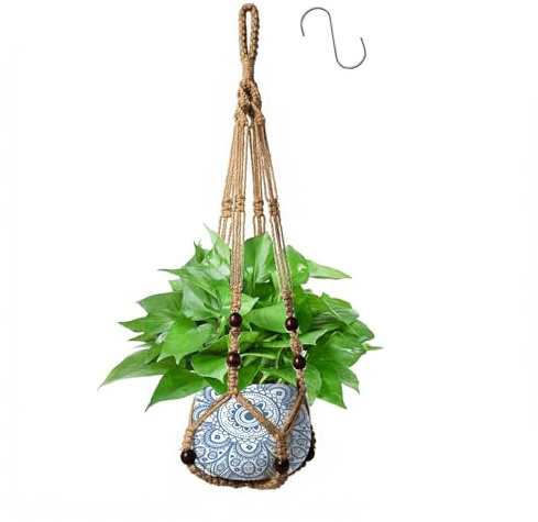 Apstaqeoo Hanging Planters Baskets, Jute Rope Macrame Plant Hanger with Wood Beads Decorative & 1 S Shaped Hook, Wall Hanging Flower Pot Plant Holder for Indoor Outdoor Boho Home Decor No Tassels(1PC)